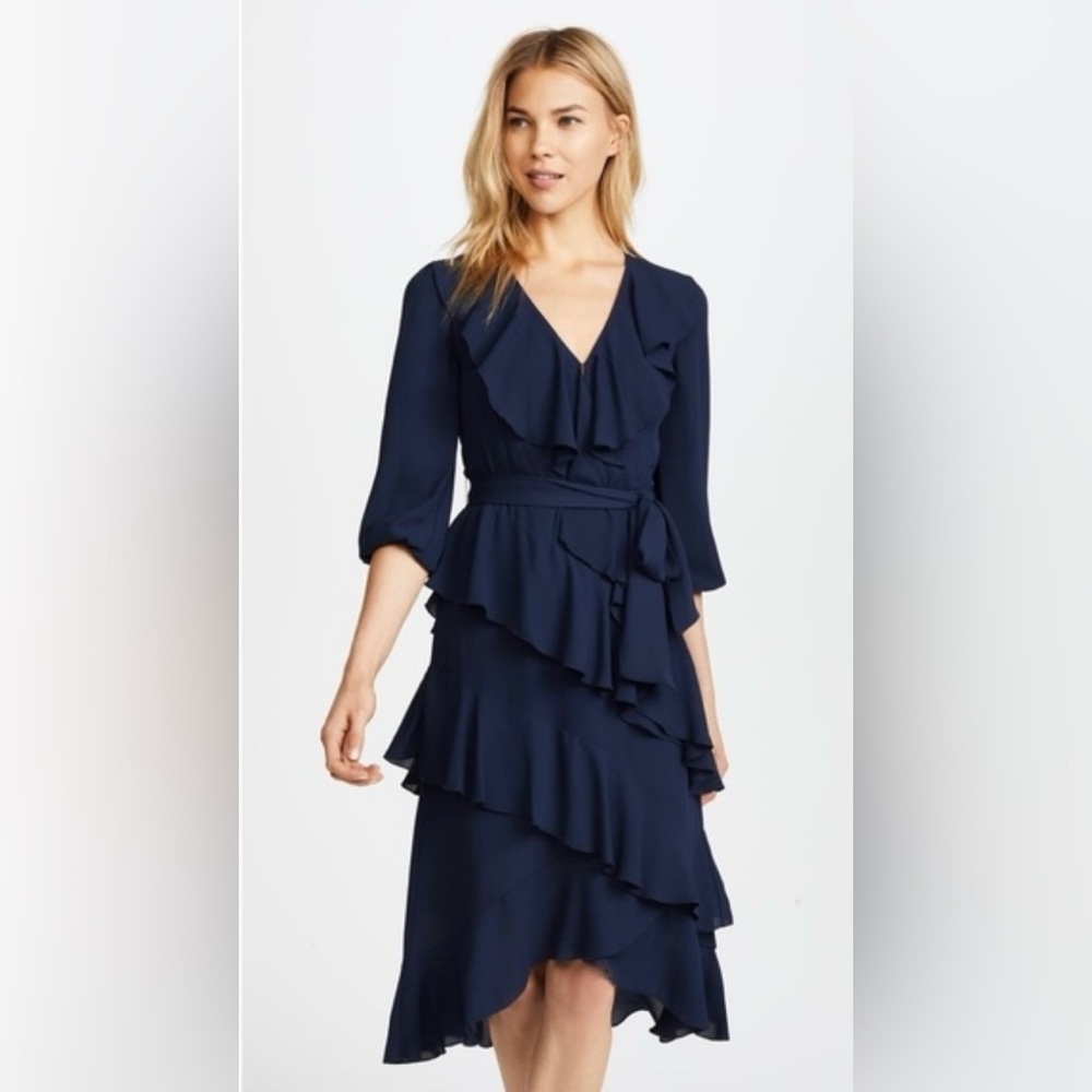 NEW!Alice + Olivia Dress / Romantic Navy Blue Chiffon Layered Kye Ruffled,Size 8